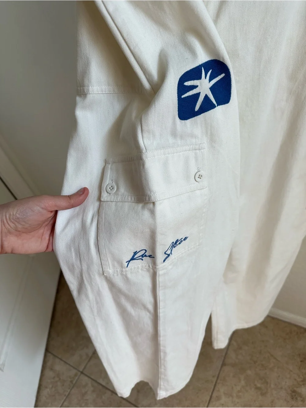 Rue Stiic Dakota Cargo Painter Pants  - White Denim with Blue Embroidery
